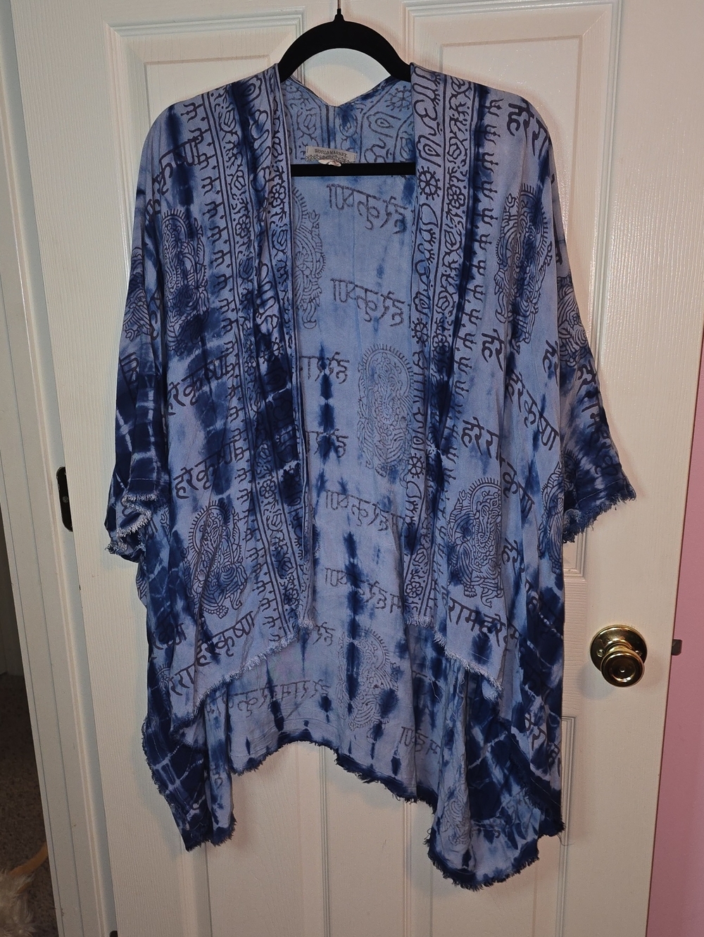 Cost Plus World Market Blue and Black Patterned Rayon Scarf Kimono